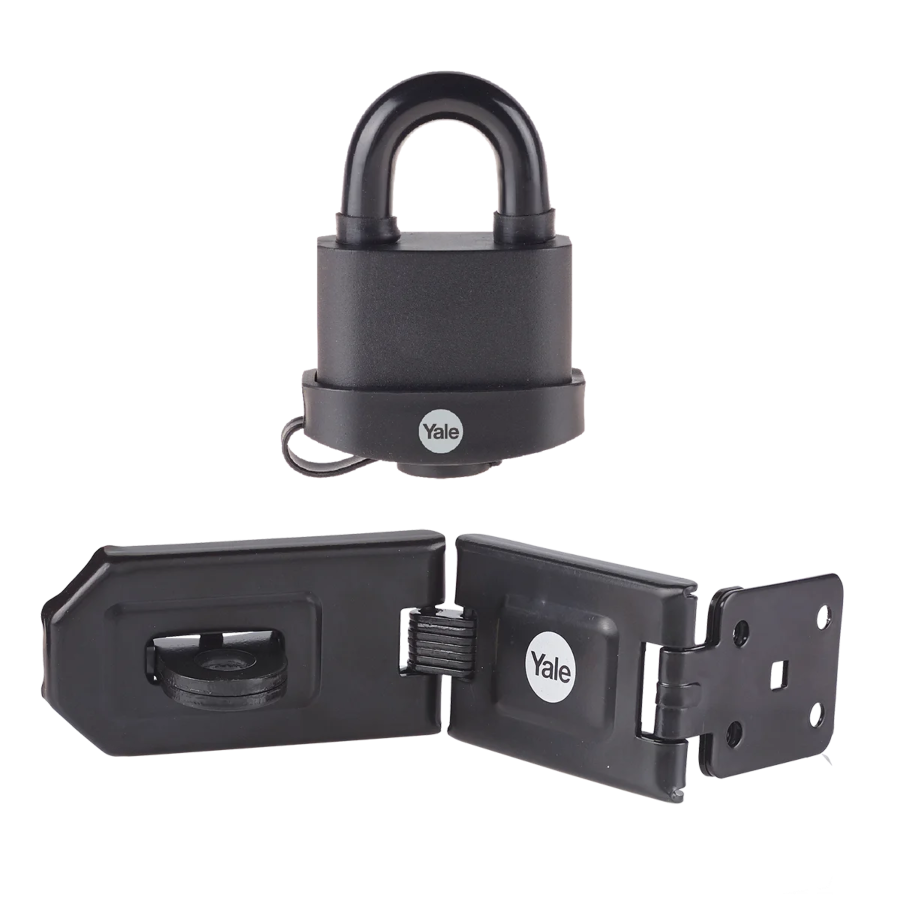 Yale 51mm padlock and hasp security set for sheds, gates, garages and outdoor storage applications.
