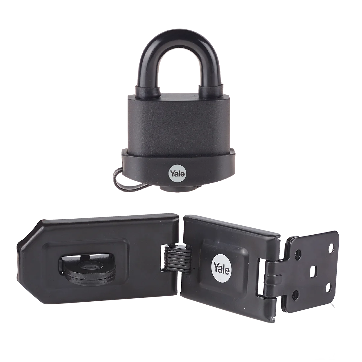Yale 51mm padlock and hasp security set for sheds, gates, garages and outdoor storage applications.