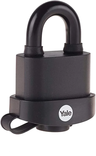 Close-up view of the Yale 51mm security padlock with black protective finish and hardened steel shackle.