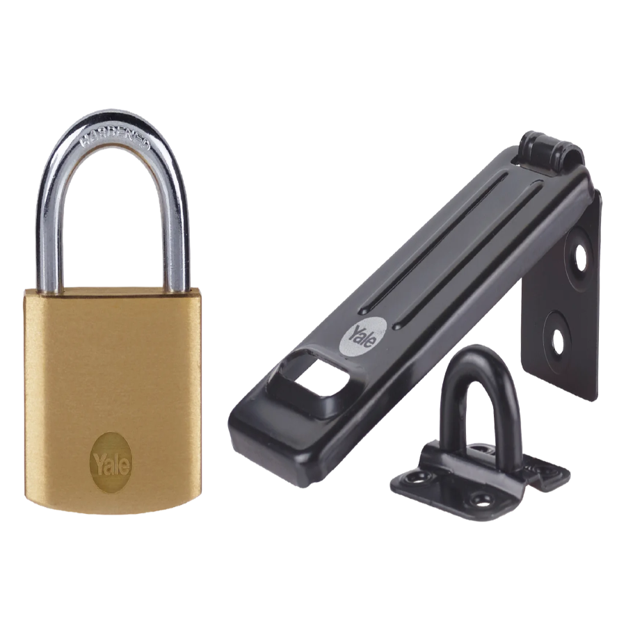 Yale 120mm steel hasp supplied with a 40mm brass padlock for securing sheds, gates and storage units.