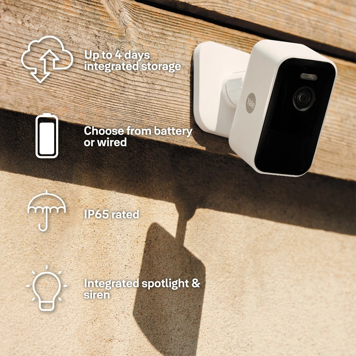 Yale Smart Outdoor Camera features including local storage, IP65 weather resistance and integrated spotlight