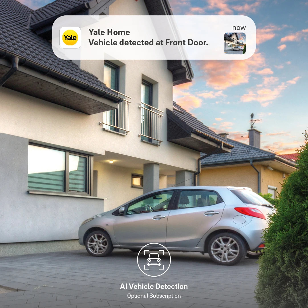 Yale Smart Outdoor Camera AI vehicle detection monitoring driveway and parked vehicle