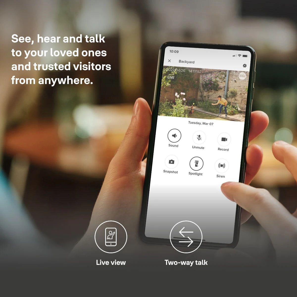User viewing live footage and using two-way audio with Yale Smart Outdoor Camera