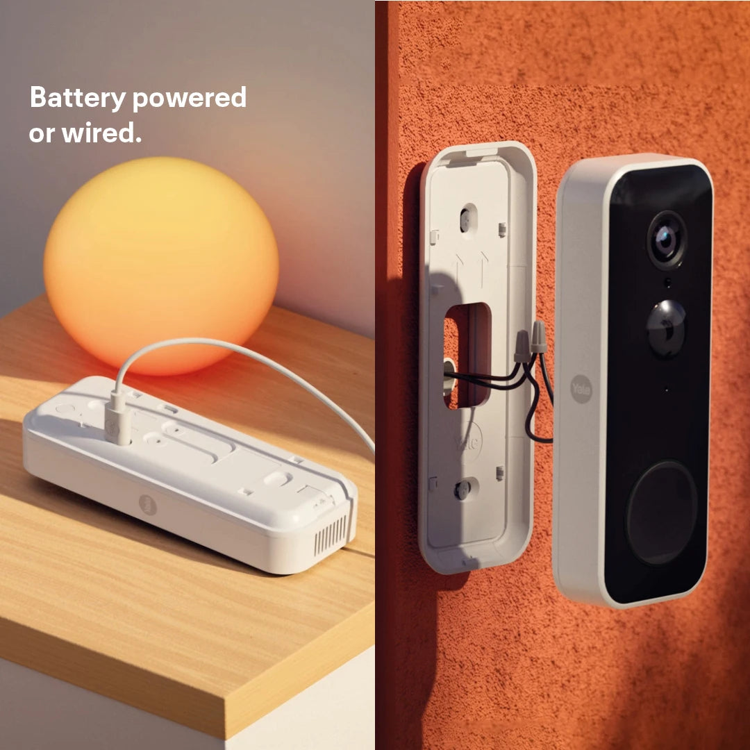Yale Smart Video Doorbell showing battery-powered and wired installation options