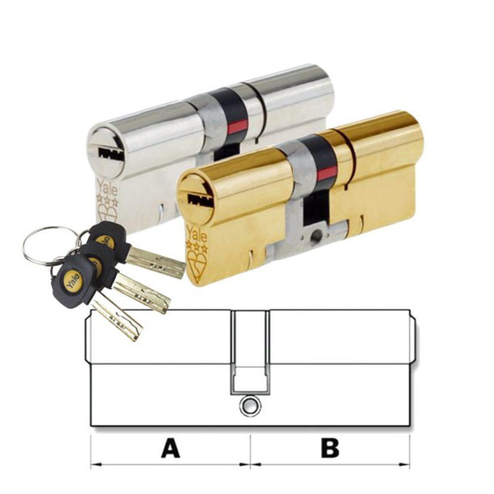 A diagram showing the Yale Euro Cylinder Door Lock with keys in hand, including a visual representation of the lock's scale and keyhole.