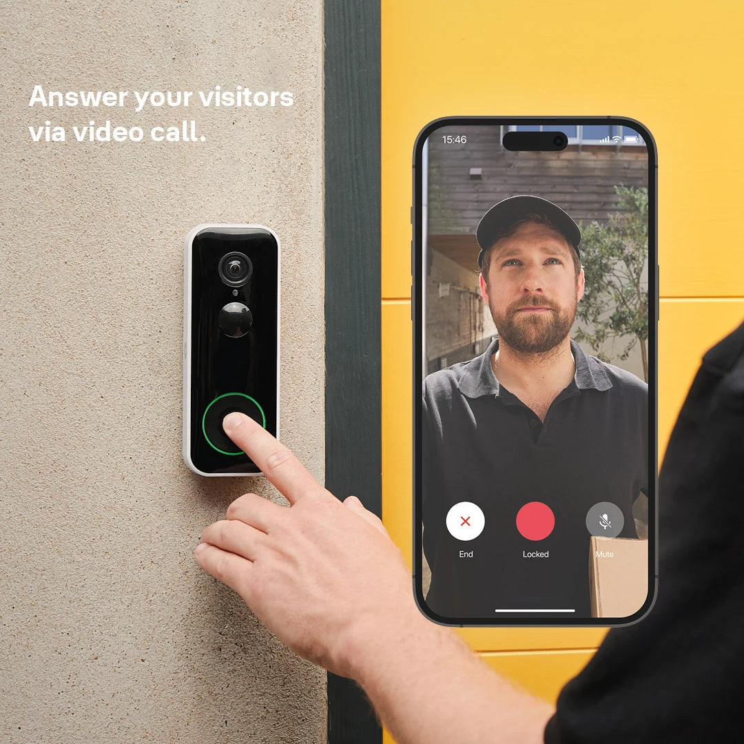 Homeowner answering visitor through Yale Smart Video Doorbell live video call on smartphone