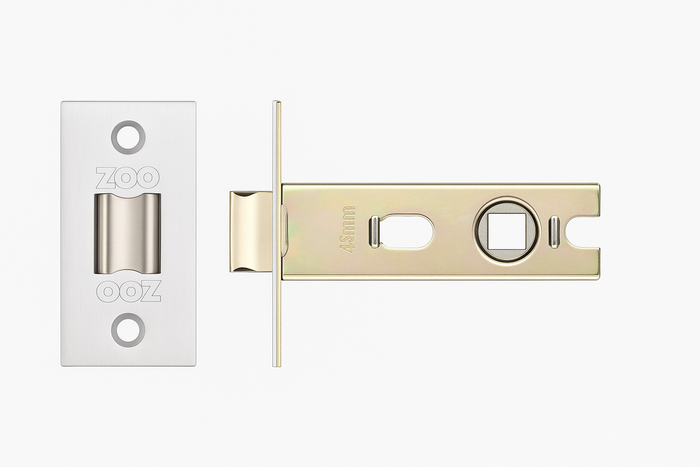 Door handle and lock mechanism with 'Zoo' branding on a white background