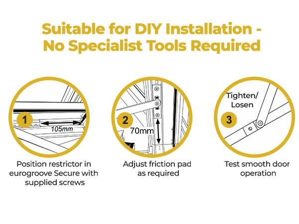 Supplied complete with restrictor stay and fixing screws, no additional parts needed. Fully reversible: fits left-handed or right-handed doors for new builds or replacement door hardware projects.