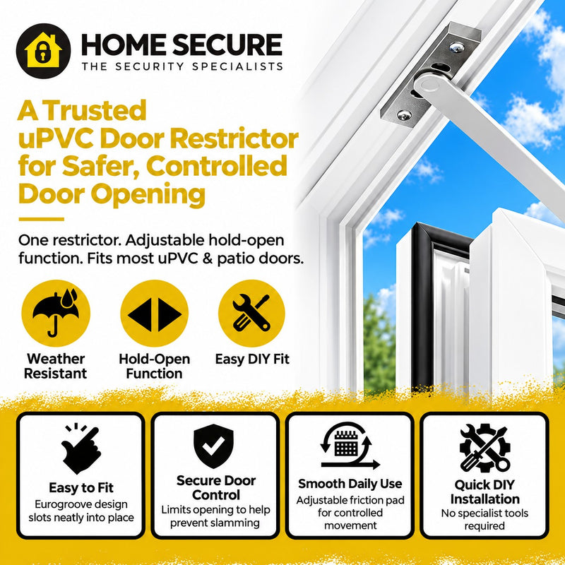 Home Secure 335mm door restrictor stay fitted to an open white uPVC door. Suits most uPVC and patio doors. Weather resistant, hold-open function, easy DIY fit. Also shown: Four features of the Home Secure door restrictor stay: easy to fit with a eurogroove design that slots into place; secure door control that limits opening; smooth daily use with an adjustable friction pad; quick DIY installation with no specialist tools.