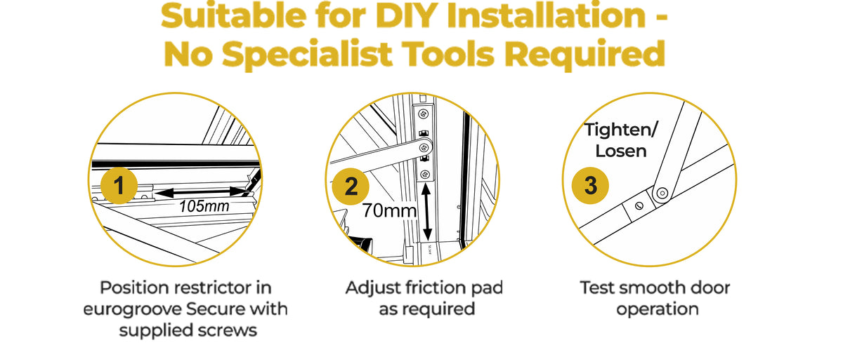 Suitable for DIY installation with no specialist tools: position the restrictor in the eurogroove and secure with the supplied screws, adjust the friction pad as required, then test smooth door operation.