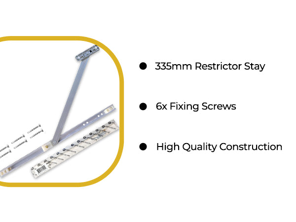 Everything you need, nothing else required: one 335mm restrictor stay, six fixing screws, high quality construction. Restrictor arm and screws shown with Home Secure packaging.
