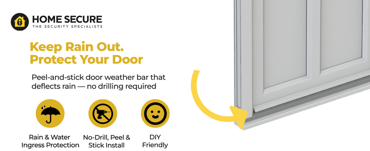 Home Secure uPVC door weather bar fitted along the bottom of a white door. Protect your door: peel-and-stick weather bar that deflects rain, no drilling required. Rain and water ingress protection, no-drill peel and stick install, DIY friendly.