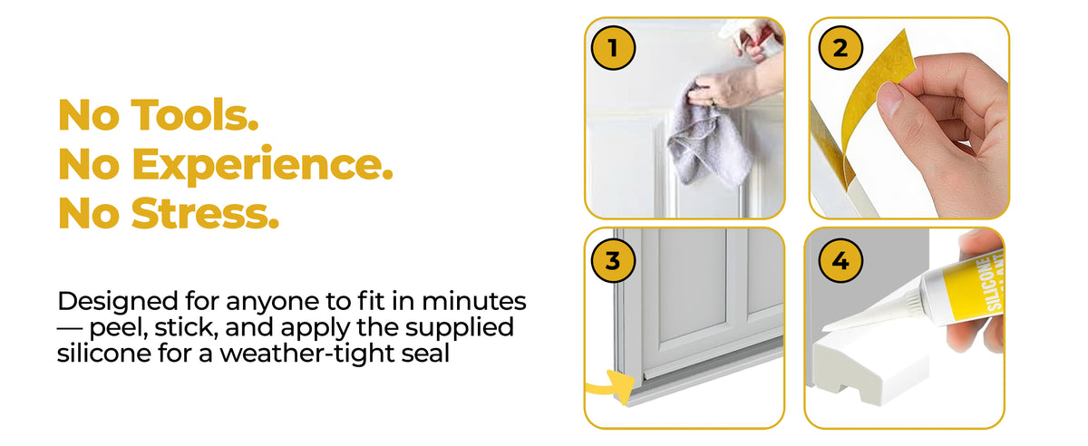 No tools required: clean the door surface, peel the adhesive backing, press the weather bar into place and seal the edges.