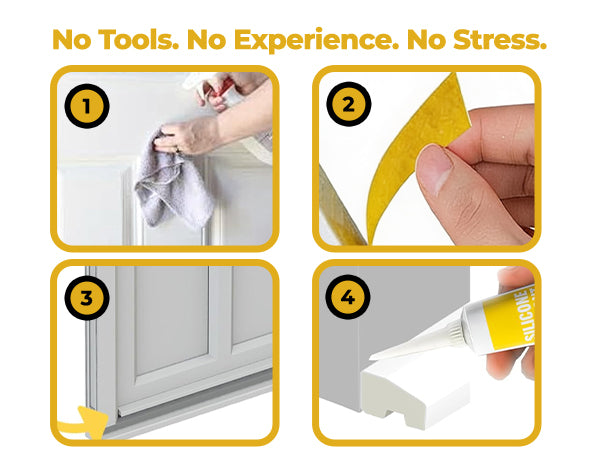 No tools required: clean the door surface, peel the adhesive backing, press the weather bar into place and seal the edges.
