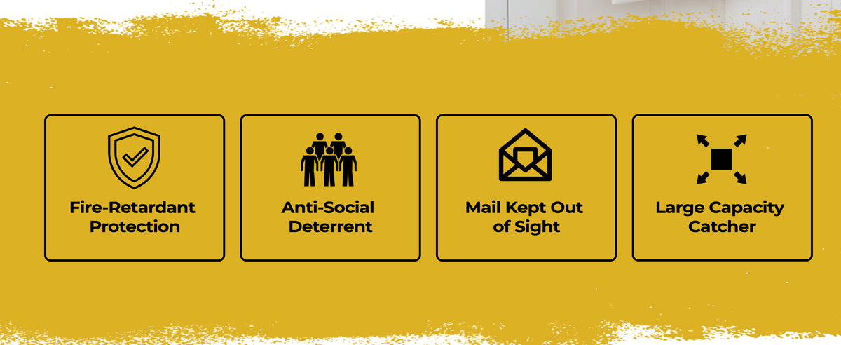 Four features of the fire retardant letterbox bag: fire-retardant fabric, protection from anti-social behaviour, mail kept out of reach, large capacity for post and parcels.