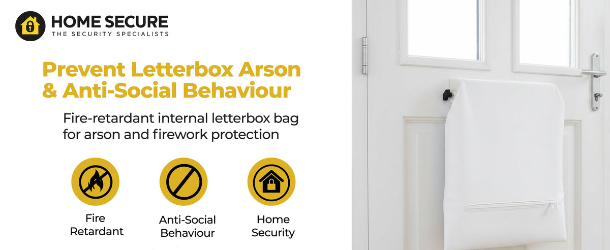 Home Secure fire retardant letterbox bag fitted inside a white front door, for arson and firework protection. Fire retardant, protects against anti-social behaviour, improves home security.