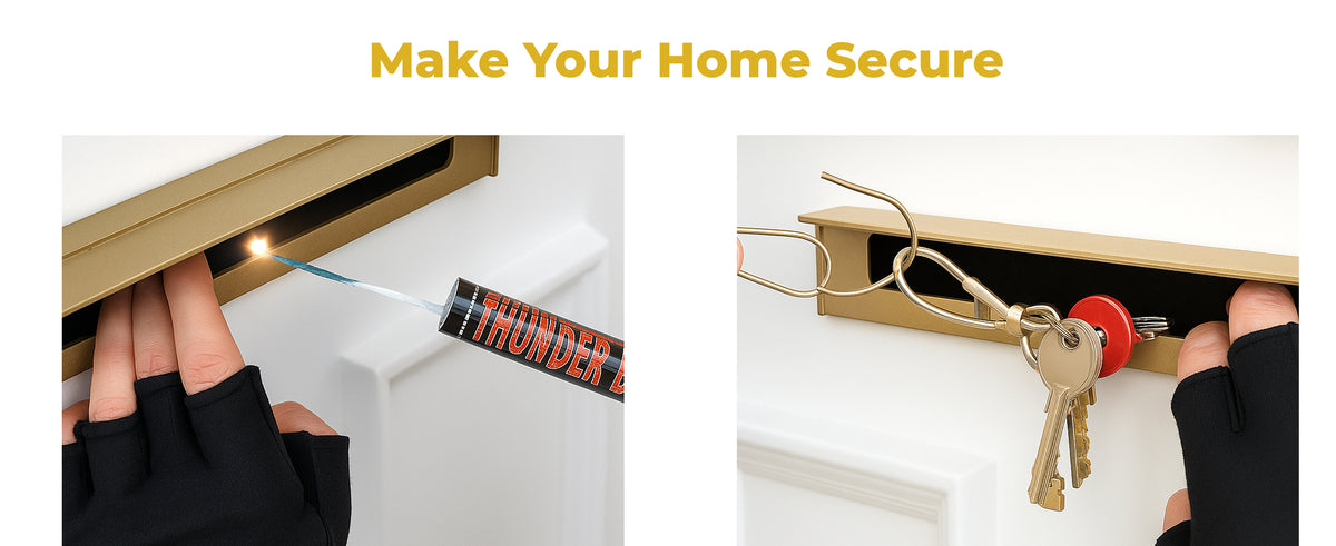 Make your home secure: a lit firework being pushed through a letterbox, and keys being fished through a letterbox with a hook. The risks a fire retardant letterbox bag prevents.