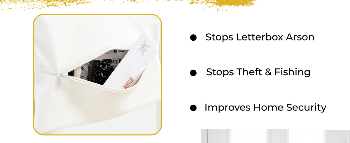 Fire retardant letterbox bag with the zip open and post inside. Stops letterbox arson, stops theft and fishing, improves home security.