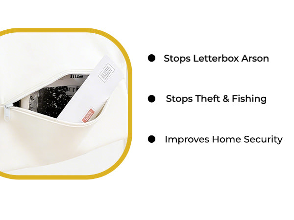 Fire retardant letterbox bag with the zip open and post inside. Stops letterbox arson, stops theft and fishing, improves home security.