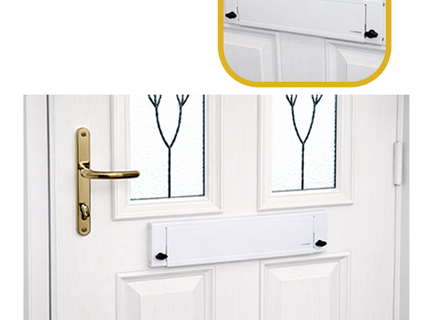 FlapGUARD lockable letterbox cover shown in use on a front door.