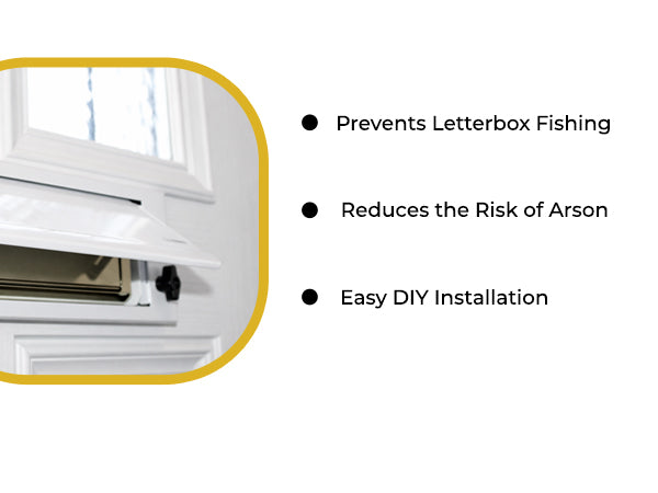 FlapGUARD cover lifted open on a white door showing the letter plate behind it. Prevents letterbox fishing, reduces the risk of arson, easy DIY installation.