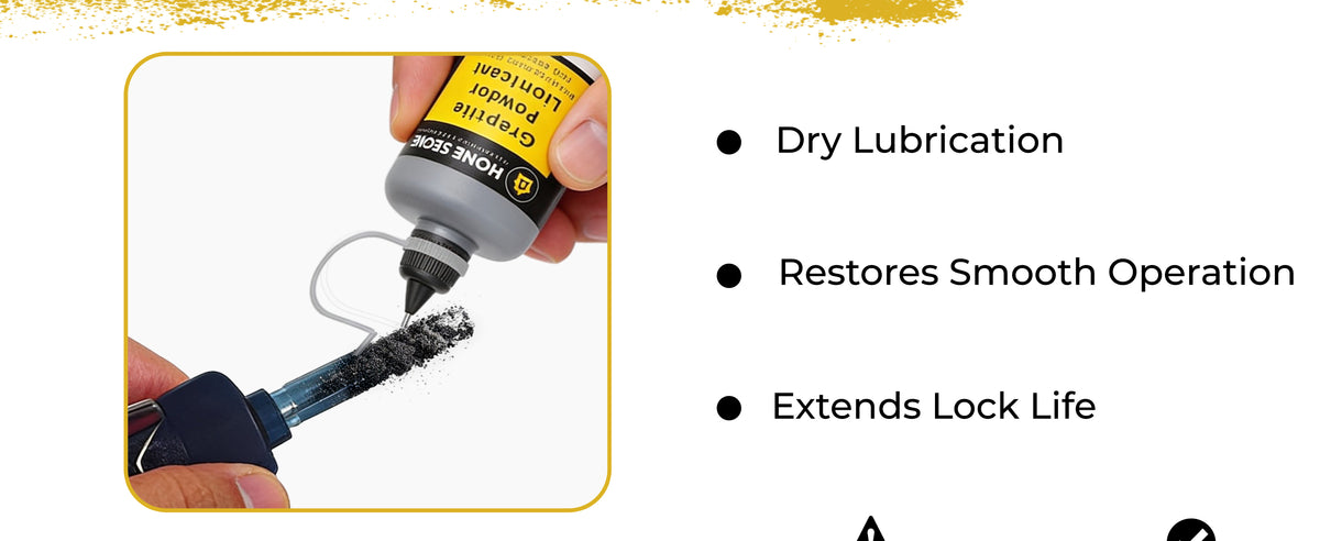 Graphite powder being applied to a key from the Home Secure bottle. Dry lubrication, restores smooth operation, extends lock life.