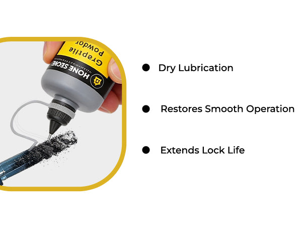 Graphite powder being applied to a key from the Home Secure bottle. Dry lubrication, restores smooth operation, extends lock life.