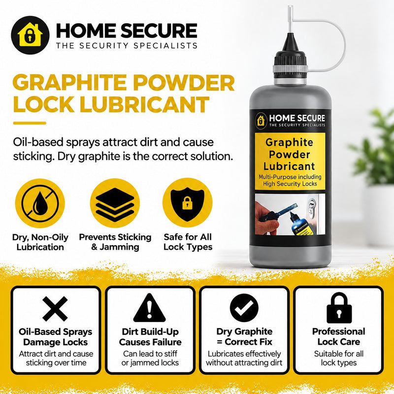 Home Secure graphite powder lock lubricant bottle. Oil-based sprays attract dirt and cause sticking; dry graphite is the correct solution. Dry non-oily lubrication, prevents sticking and jamming, safe for all lock types. Also shown: Four reasons to use dry graphite lock lubricant instead of oil-based spray, shown with cross, warning, tick and padlock icons.