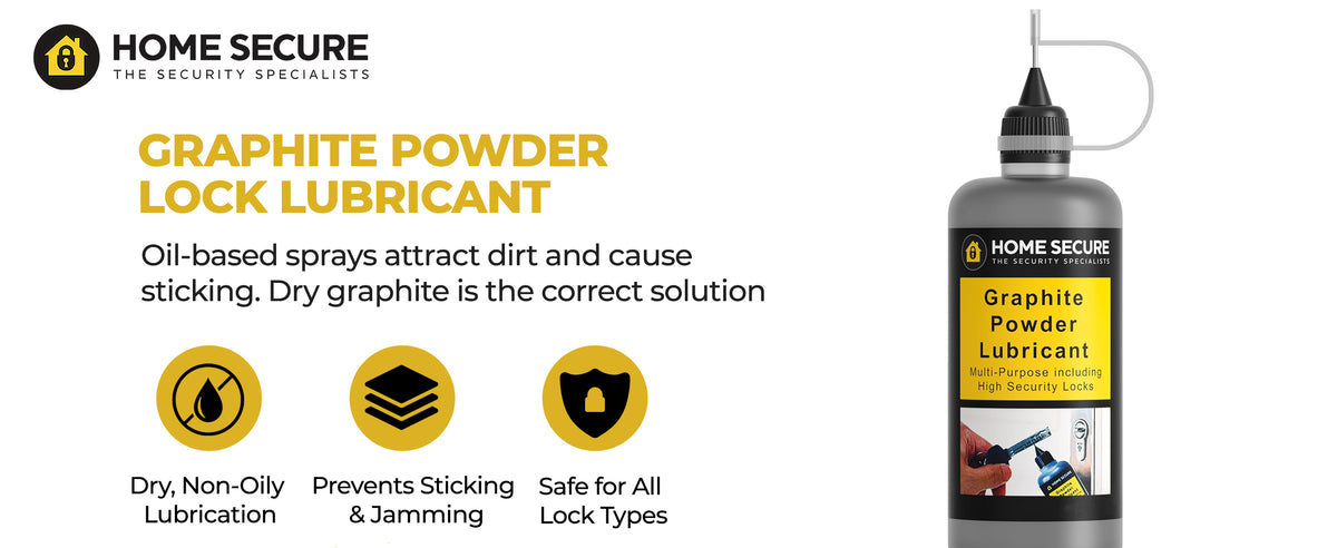 Home Secure graphite powder lock lubricant bottle. Oil-based sprays attract dirt and cause sticking; dry graphite is the correct solution. Dry non-oily lubrication, prevents sticking and jamming, safe for all lock types.