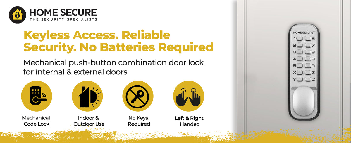 Home Secure keypad door lock in satin chrome fitted to a grey door. Keyless access, reliable security, no batteries required. Mechanical push-button combination door lock for internal and external doors. Mechanical code lock, indoor and outdoor use, no keys required, left and right handed.