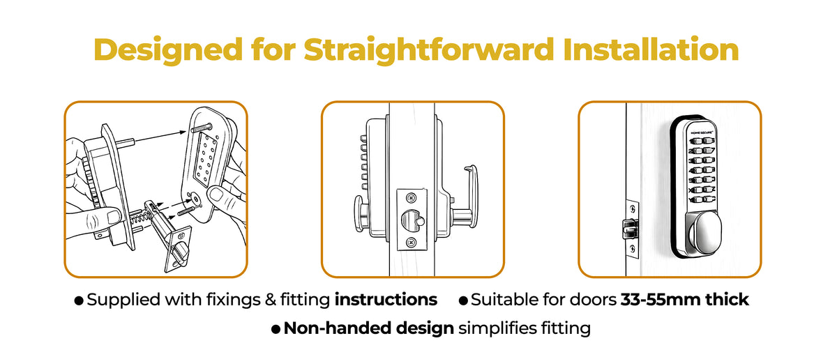Three-step installation of the Home Secure keypad door lock: fitting the keypad and internal handle, securing the latch in the door edge, and the finished lock on the door. Supplied with fixings and fitting instructions, suitable for doors 33 to 55mm thick, non-handed design simplifies fitting.