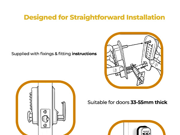 Three-step installation of the Home Secure keypad door lock: fitting the keypad and internal handle, securing the latch in the door edge, and the finished lock on the door. Supplied with fixings and fitting instructions, suitable for doors 33 to 55mm thick, non-handed design simplifies fitting.