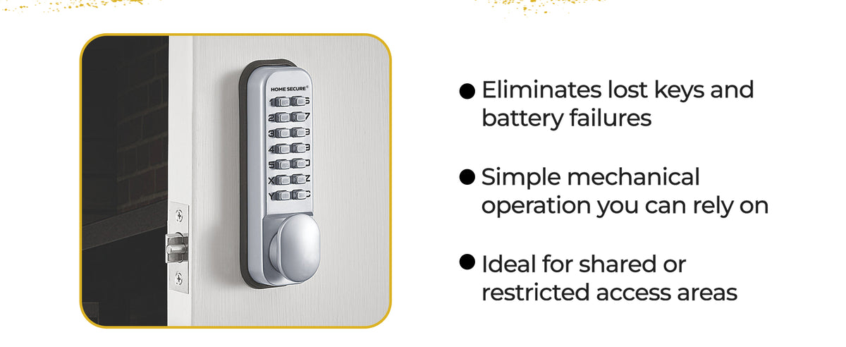 Home Secure keypad door lock installed on a white internal door with the latch visible. Eliminates lost keys and battery failures, simple mechanical operation you can rely on, ideal for shared or restricted access areas.