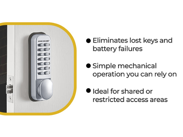Home Secure keypad door lock installed on a white internal door with the latch visible. Eliminates lost keys and battery failures, simple mechanical operation you can rely on, ideal for shared or restricted access areas.