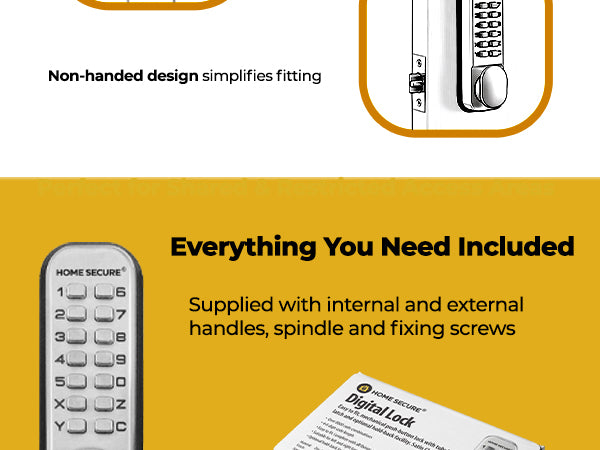 Home Secure keypad door lock alongside its retail box. Perfect for shared and restricted access areas. Everything you need included: supplied with internal and external handles, spindle and fixing screws.