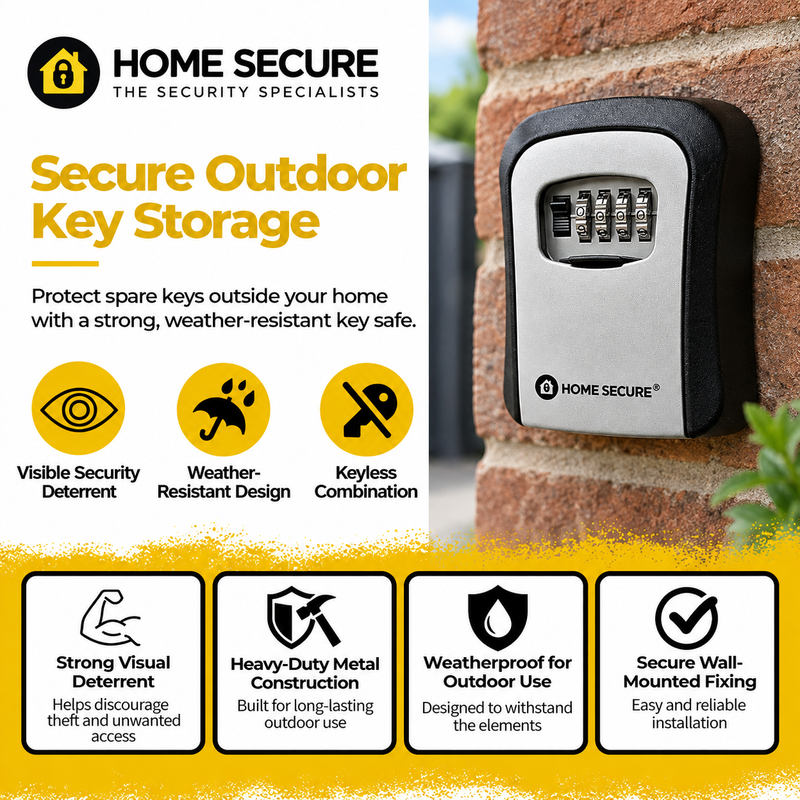 Home Secure outdoor key safe with a four-dial combination lock. Protect spare keys outside your home with a strong, weather-resistant key safe. Visible security deterrent, weather-resistant design, keyless combination. Also shown: Four features of the Home Secure key safe: strong construction, secure protection, weather-resistant, simple to use.