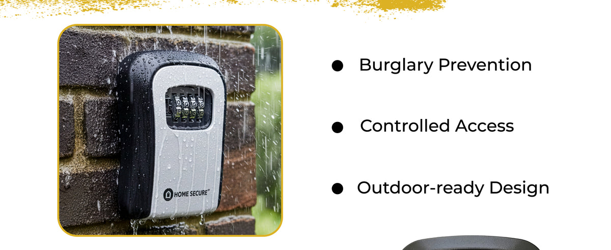 Home Secure key safe mounted on a brick wall in heavy rain. Burglary prevention, controlled access, outdoor-ready design.