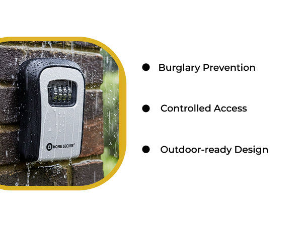 Home Secure key safe mounted on a brick wall in heavy rain. Burglary prevention, controlled access, outdoor-ready design.