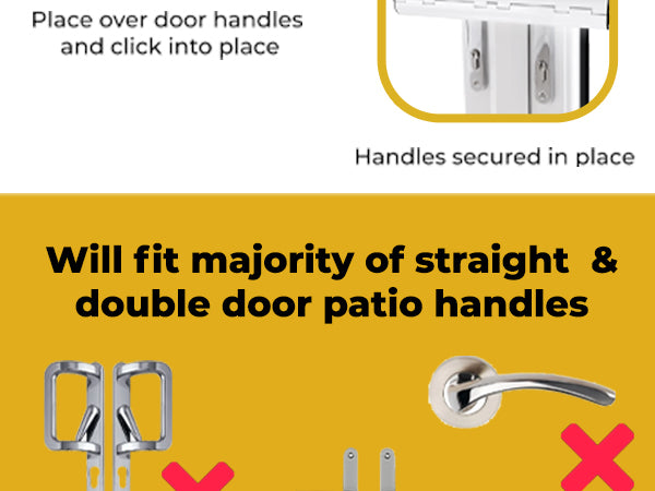 Will fit the majority of straight double door patio handles. Close-up of the Home Secure patio lock body and hinge.