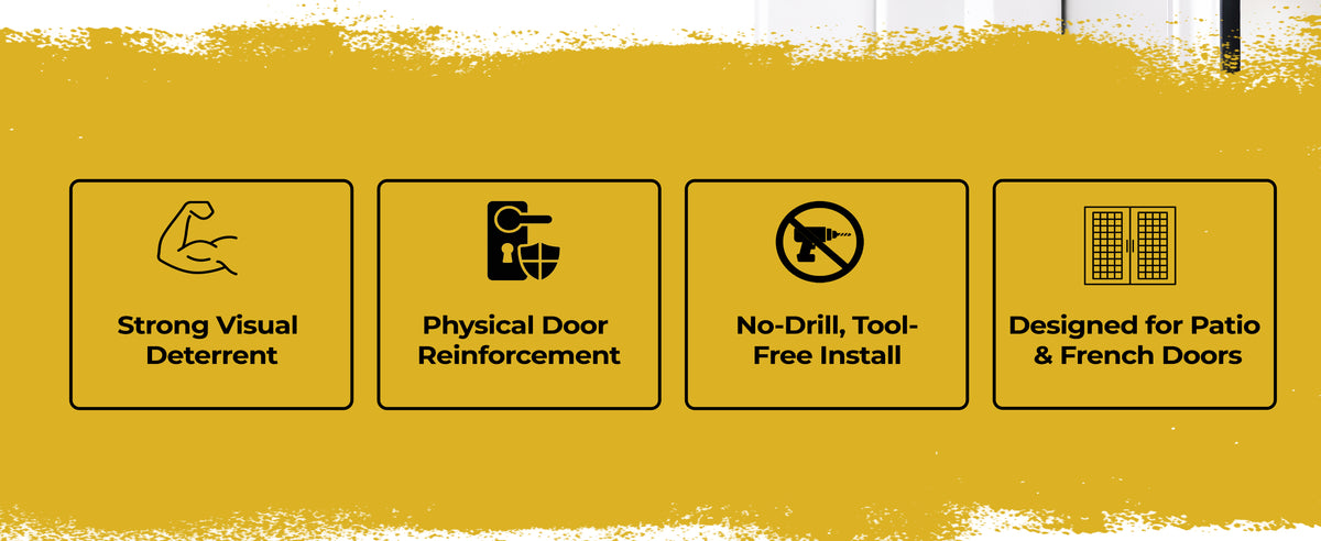 Four features of the patio door lock: strong construction, locks the handles together, no drilling required, fits patio and French doors.