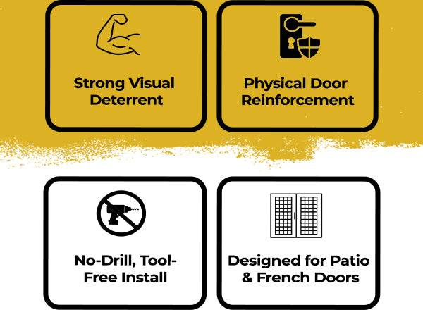 Four features of the patio door lock: strong construction, locks the handles together, no drilling required, fits patio and French doors.