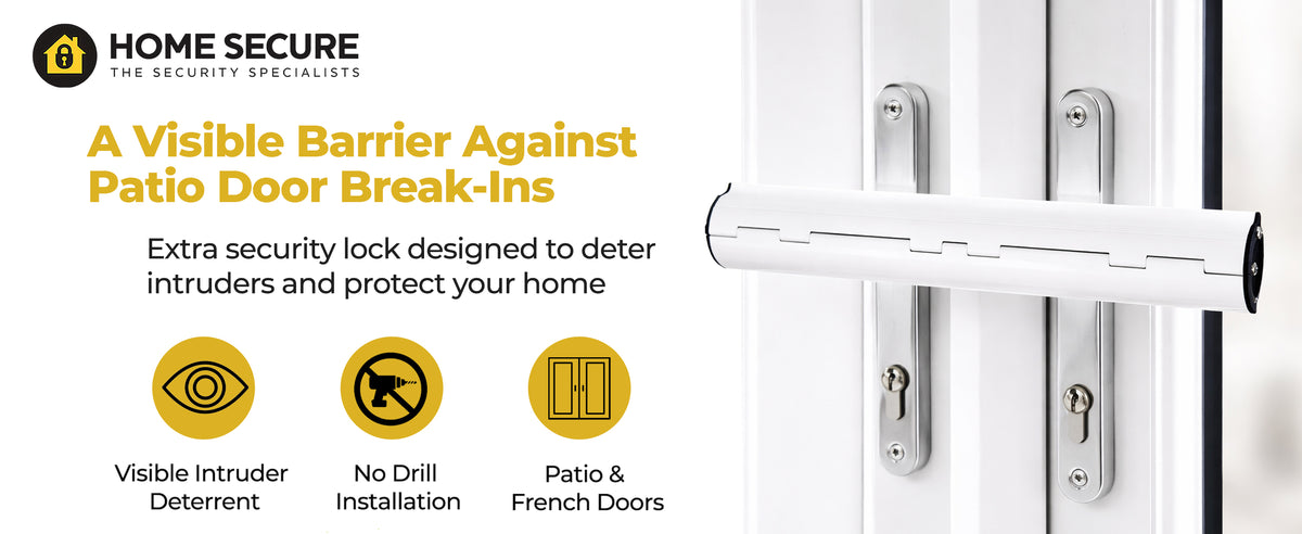 Home Secure patio door lock fitted over the handles of a pair of white French doors. Extra security lock designed to deter intruders and protect your home. Visible intruder deterrent, no-drill installation, for patio and French doors.