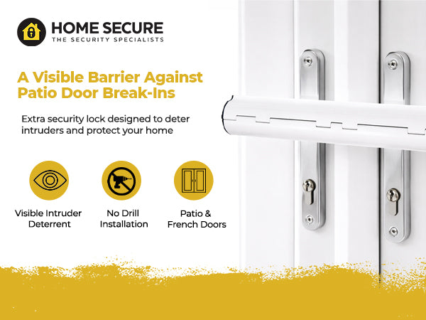 Home Secure patio door lock fitted over the handles of a pair of white French doors. Extra security lock designed to deter intruders and protect your home. Visible intruder deterrent, no-drill installation, for patio and French doors.