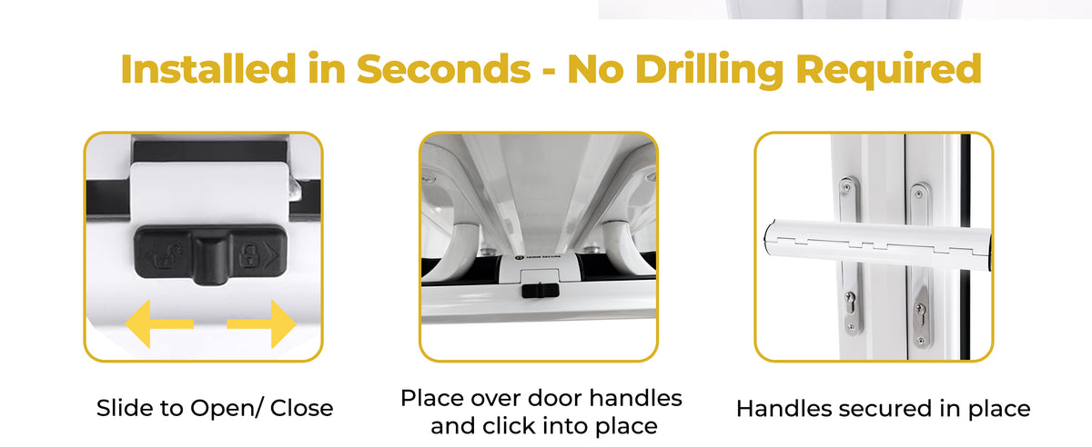 How to fit the patio door lock: slide to open or close, place over the door handles and click into place, handles secured in place.