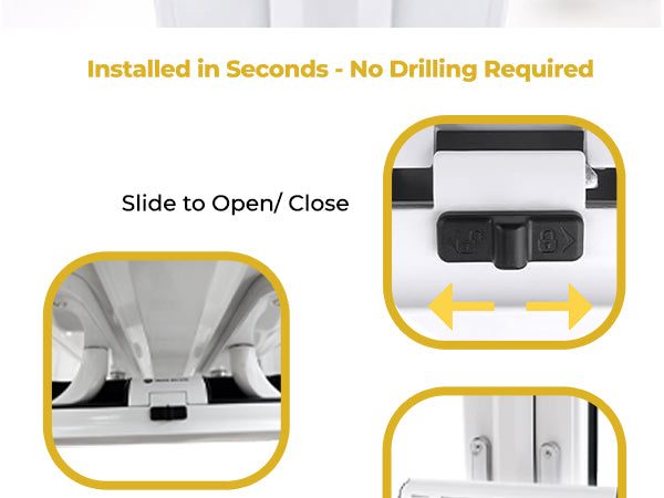 How to fit the patio door lock: slide to open or close, place over the door handles and click into place, handles secured in place.