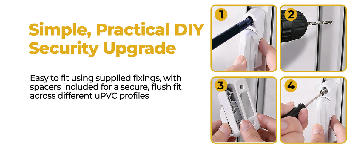Simple, practical DIY security upgrade: step one mark the fixing holes, step two drill and screw the sash jammer to the frame.