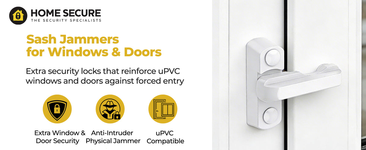 White Home Secure sash jammer fitted to a uPVC window frame. Extra security locks that reinforce uPVC windows and doors against forced entry. Extra window and door security, anti-intruder physical jammer, uPVC compatible.