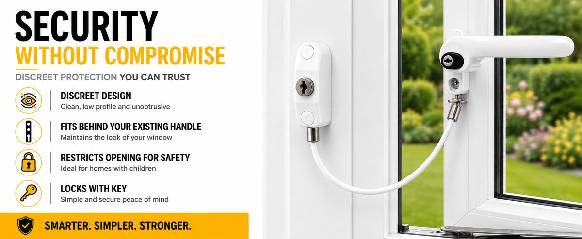 Home Secure window cable restrictor, robust components and reliable protection.