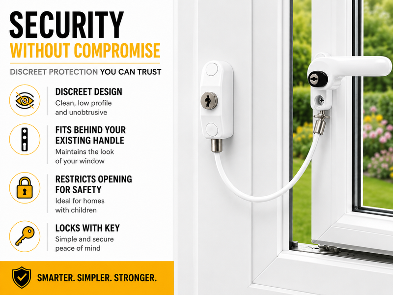 Home Secure window cable restrictor, robust components and reliable protection.