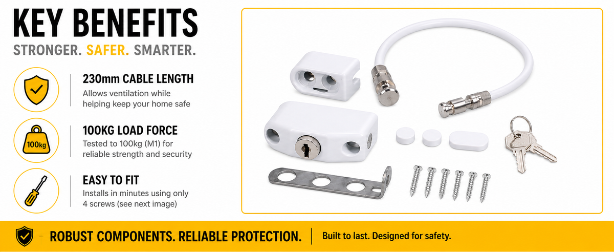 Window cable restrictor kit contents: lock body, hidden handle bracket, 230mm cable, two keys and screws. 230mm cable allows ventilation while keeping the home safe, 100kg load force tested to M1, easy to fit in minutes with four screws.